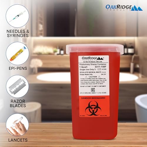 Oakridge Products Sharps Container for Home Use and Professional 1 Quart (1-Pack), Biohazard Needle and Syringe Disposal, Flip-up Lid with Integrated Needle Inwinder, CDC Certified - görsel 1