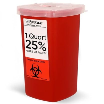 Oakridge Products Sharps Container for Home Use and Professional 1 Quart (1-Pack), Biohazard Needle and Syringe Disposal, Flip-up Lid with Integrated Needle Inwinder, CDC Certified