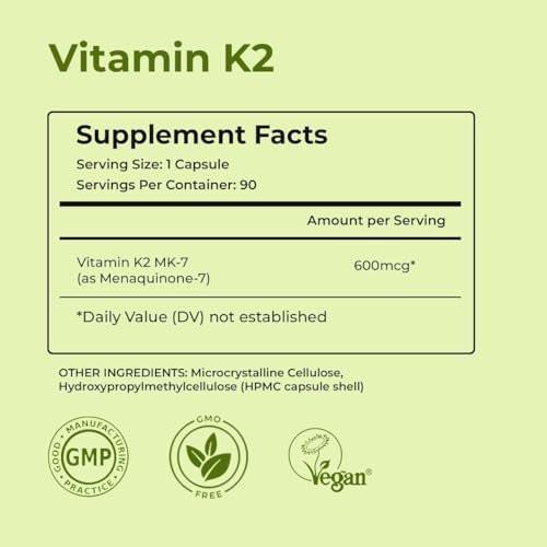 NutriZing K2 Vitamin Supplement MK7-600mcg - 90 Capsules Supports Bone & Arterial Health - High Strength Vegan Capsules - Vitamin K2 MK7 for Men & Women - 3 Month Supply - görsel 4