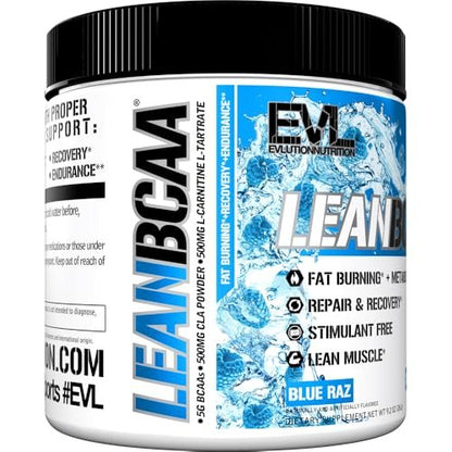 Evlution Stimulant Free Lean BCAA Powder - Blue Raz - BCAAs Amino Acids with CLA, Carnitine, 2:1:1 Ratio - Muscle Recovery, Fat Burn & Metabolism Support - 8.4 oz