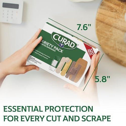 CURAD Assorted Bandages Bulk Variety Pack | 320 Count | 5 Styles Including Waterproof, Sheer, Plastic, Heavy Duty & Flex-Fabric | First Aid Kit Essentials | Protects Scrapes, Cuts & Burns