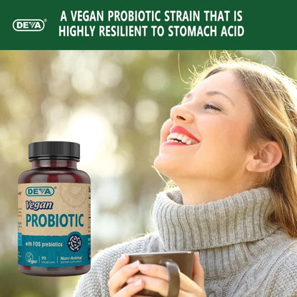 DEVA Vegan Probiotic with FOS Prebiotics Supplement - 2 Billion CFU with 100 MG of Prebiotics Per Serving for Men & Women - Non-Dairy Gluten Free - Naturally Shelf Stable - 90 Capsules