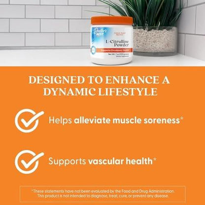 Doctor's Best L-Citrulline Powder – Unflavored, Gluten Free, 7 oz (200 g) – Supports Nitric Oxide Metabolism, Muscle Soreness & Circulatory Health
