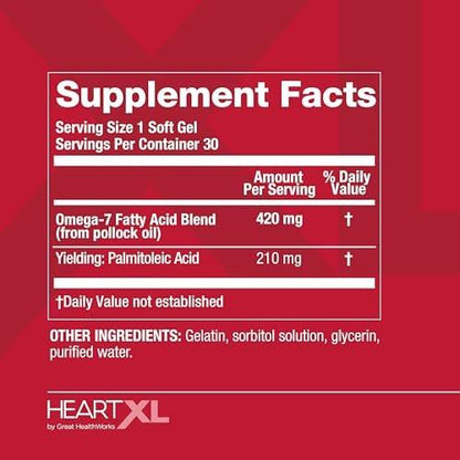 HeartXL Omega-7 Blend Cardiovascular Health Support - Promotes Healthy Metabolism - Gluten-Free Heart Health Supplement - 30 Soft Gels