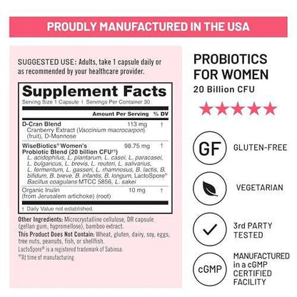 NatureWise Probiotics for Women + Organic Prebiotics D-Mannose & Cranberry - Vaginal Probiotics for PH Balance, Digestive & Urinary Tract - 18 Strains, 20 Billion CFU - 60 Capsules [60-Day Supply]