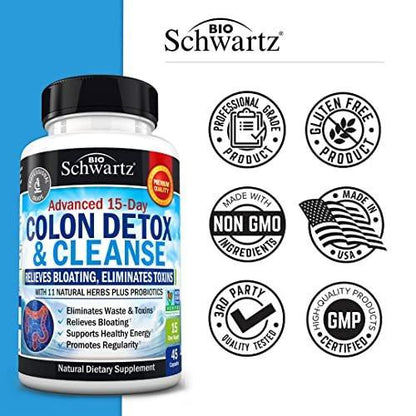 Colon Cleanser and Detox for Digestive Support - 15 Day Fast-Acting Extra Strength Cleanse with Probiotic Fiber, Psyllium Husk and Noni for Constipation Relief and Bloating Support, Non-GMO, 45 Count