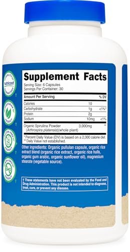 Nutricost Spirulina 3,000mg, 180 Capsules for 30 Servings - CCOF Certified Made with Organic Spirulina, Gluten Free, Vegetarian