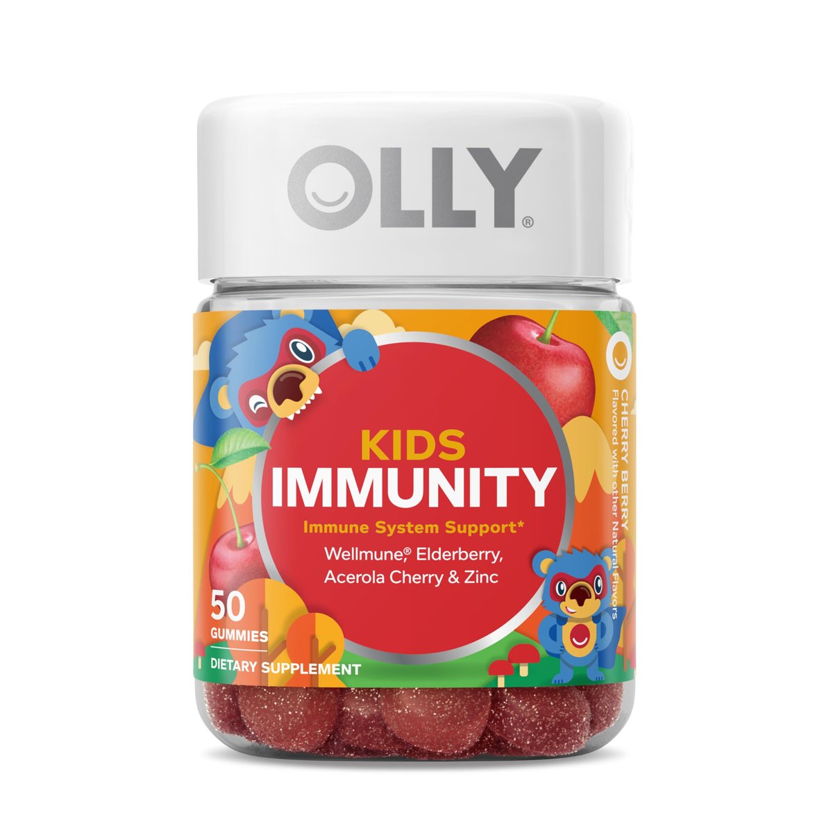 OLLY Kids Immunity Gummy, Immune Support, Wellmune, Elderberry, Vitamin C, Zinc, Chewable Supplement, Cherry - 50 Count - görsel 1