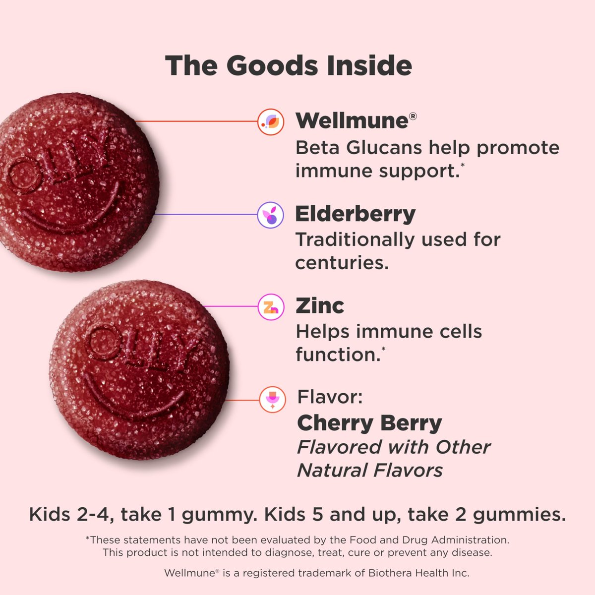 OLLY Kids Immunity Gummy, Immune Support, Wellmune, Elderberry, Vitamin C, Zinc, Chewable Supplement, Cherry - 50 Count - görsel 3