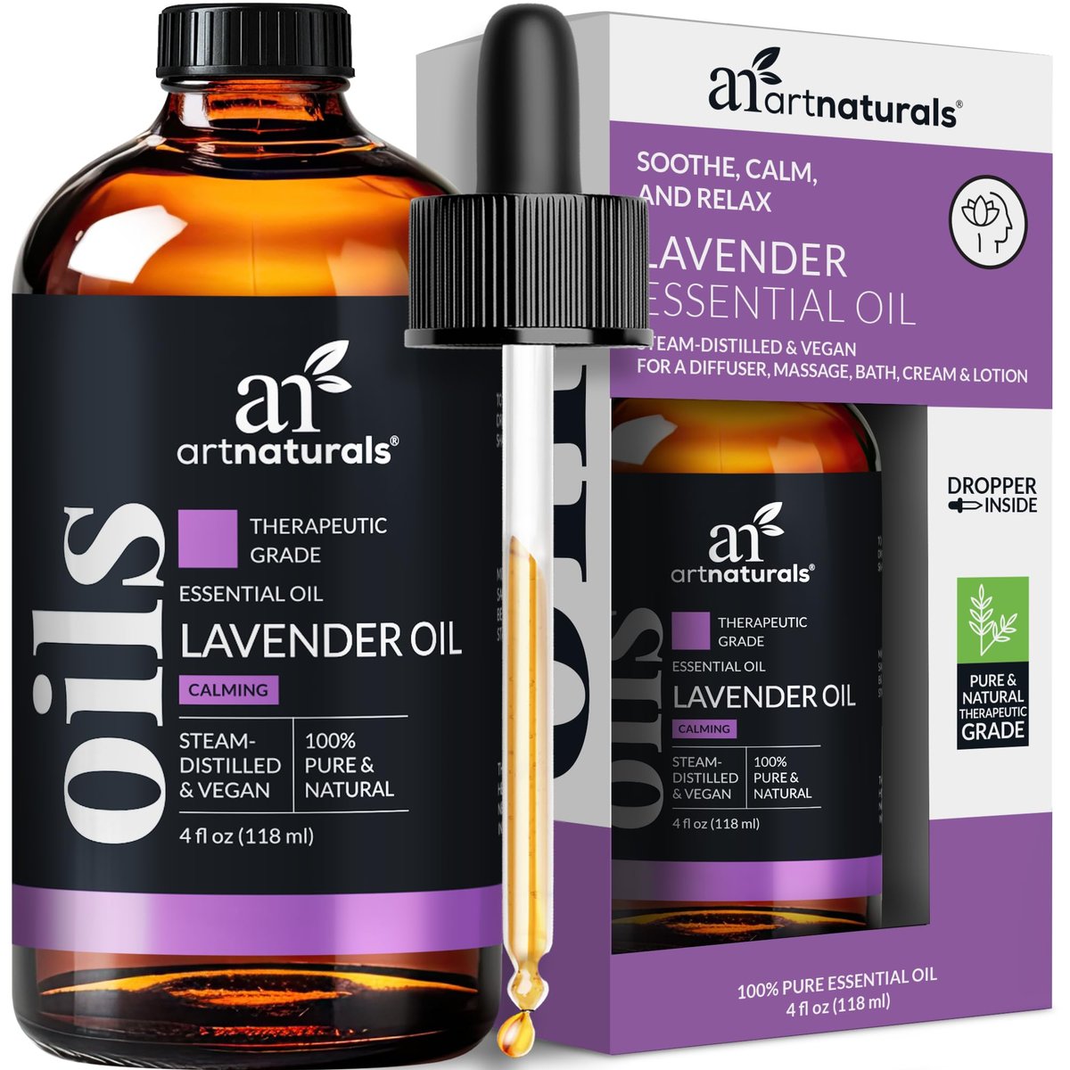 artnaturals 100% Pure Lavender Essential Oil - (4.0 Fl Oz / 118ml) - Premium Undiluted Therapeutic Grade Natural from Bulgaria - Aromatherapy for Diffuser, Skin and Hair Growth - görsel 1