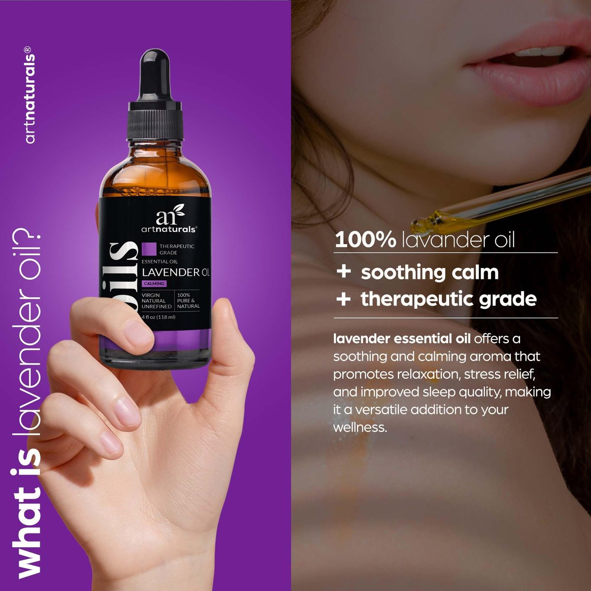 artnaturals 100% Pure Lavender Essential Oil - (4.0 Fl Oz / 118ml) - Premium Undiluted Therapeutic Grade Natural from Bulgaria - Aromatherapy for Diffuser, Skin and Hair Growth - görsel 3