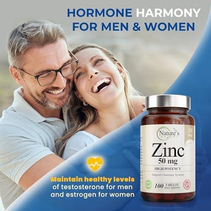 Zinc 50mg [High Potency] Supplement - Immune Support System from Natural Zinc (Oxide/Citrate) 100 Tablets, Made by Nature's Potent