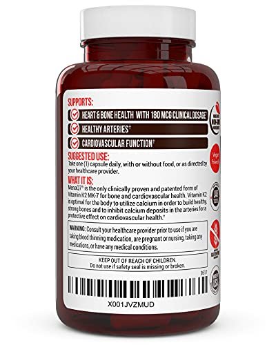 Vitamin K2 MK-7 Supplement 180mcg - Supports Bone & Heart Health for Cardiovascular Calcium Absorption from Arteries - 60 Easy to Swallow Vegetable Capsules of MenaQ7 K2 MK7