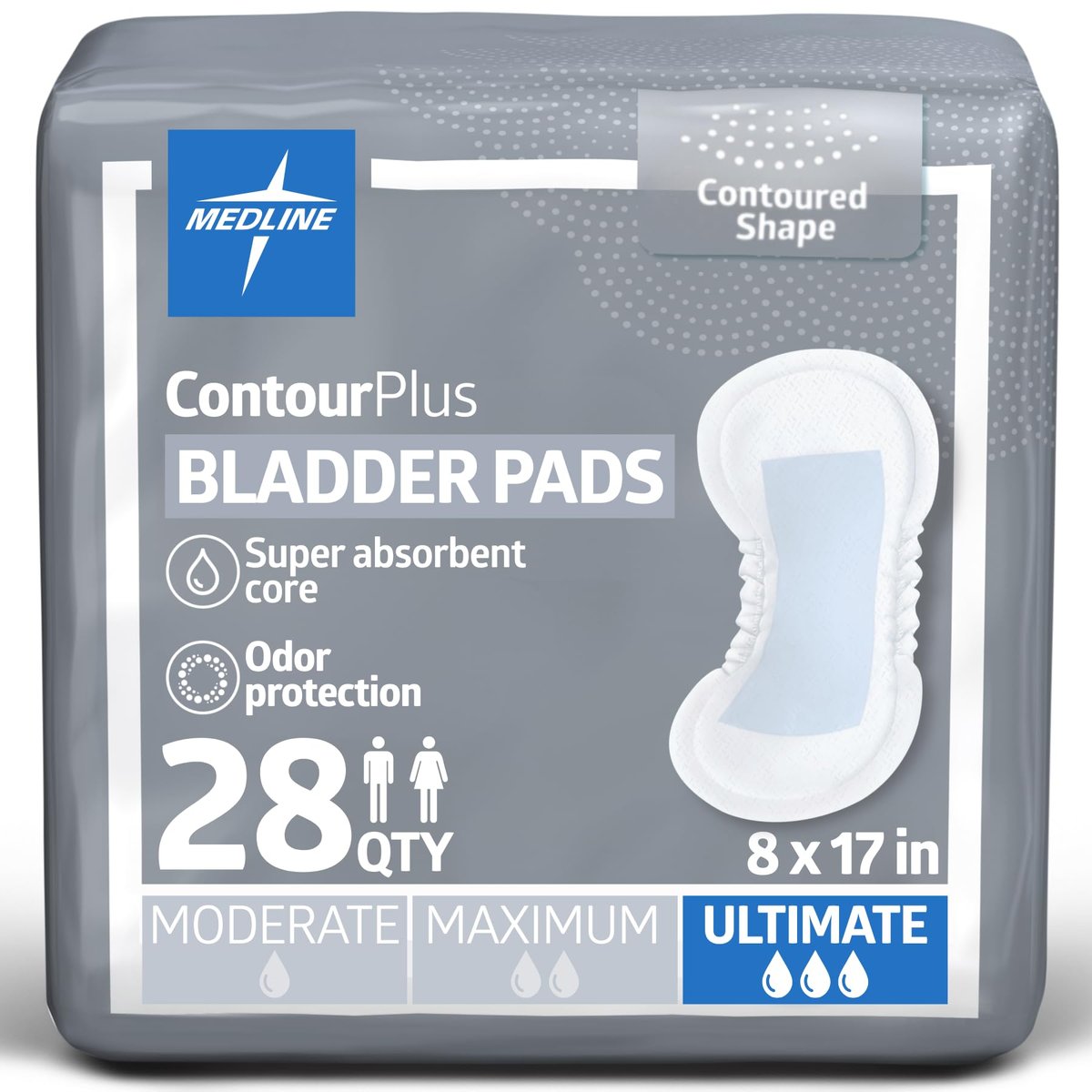 Medline ContourPlus Bladder Control Pads, Ultimate Absorbency, 8 x 17 Inches, Bag of 28 - görsel 1