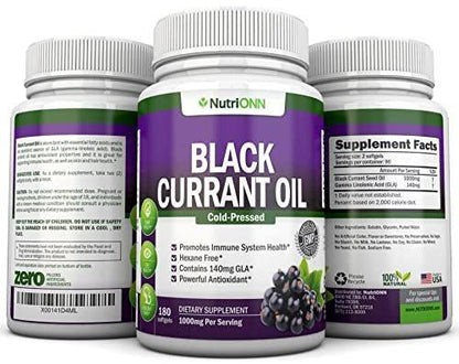 Black Currant Oil - 1000 Mg - 180 Softgels - Cold-Pressed Pure Black Currant Seed Oil - Hexane Free - 140mg GLA Per Serving - Regulates Hormonal Balance - Great For Immune System, Hair and Skin
