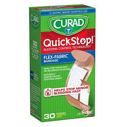 CURAD QuickStop Bleeding Control Flexible Fabric Bandages, Assorted Sizes, 30 Count