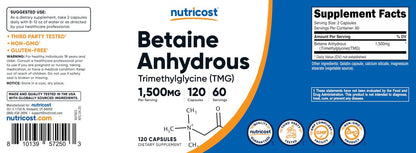 Nutricost Betaine Anhydrous Capsules 1500mg, 60 Servings - Gluten Free, Non-GMO, 750mg Per Cap, 120 Capsules