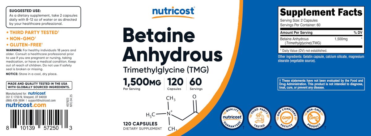 Nutricost Betaine Anhydrous Capsules 1500mg, 60 Servings - Gluten Free, Non-GMO, 750mg Per Cap, 120 Capsules - görsel 11