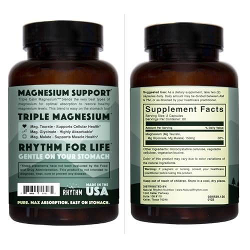 Natural Rhythm Triple Calm Magnesium Complex - 120 Capsules, Chelated Magnesium Glycinate, Taurate & Malate, High Absorption Supplement for Sleep, Stress, Muscle & Heart Support, Non-GMO, Vegan - görsel 8