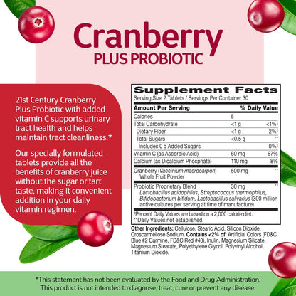 21st Century Cranberry Plus Probiotic Tablets, 60 Count