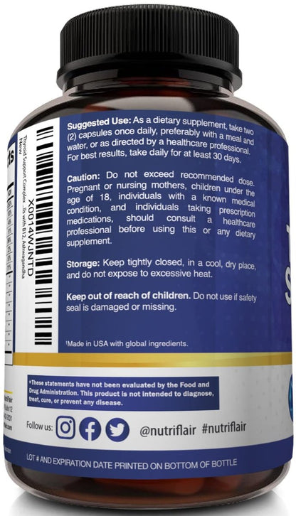 NutriFlair Thyroid Support Complex, 120 Capsules - with Iodine, Black Pepper, Ashwagandha, Vitamin B12 - Thyroid Supplement for Women and Men