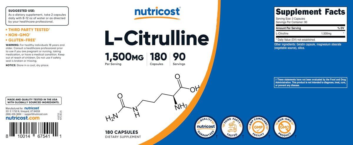 Nutricost L-Citrulline 1500mg, 180 Capsules - 750mg Per Capsule, Gluten Free, Non-GMO - görsel 11