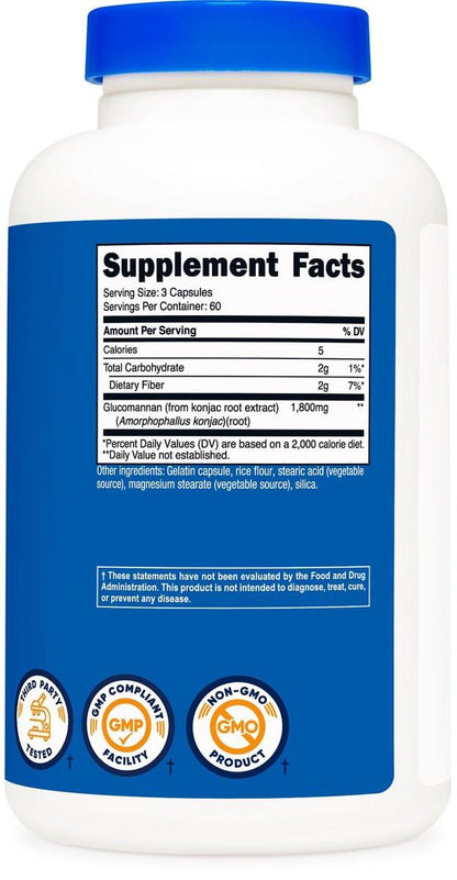 Nutricost Glucomannan 1,800mg Per Serving, 180 Capsules - Natural Fiber Source, Non-GMO, Gluten Free
