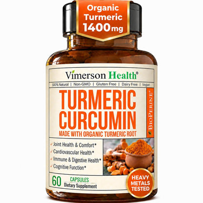 Turmeric Curcumin Supplement – 1400mg Organic Turmeric Curcumin with Black Pepper Extract for Max Absorption – Digestive & Joint Supplements for Men & Women w. Tumeric Extract & Bioperine – 60 Caps