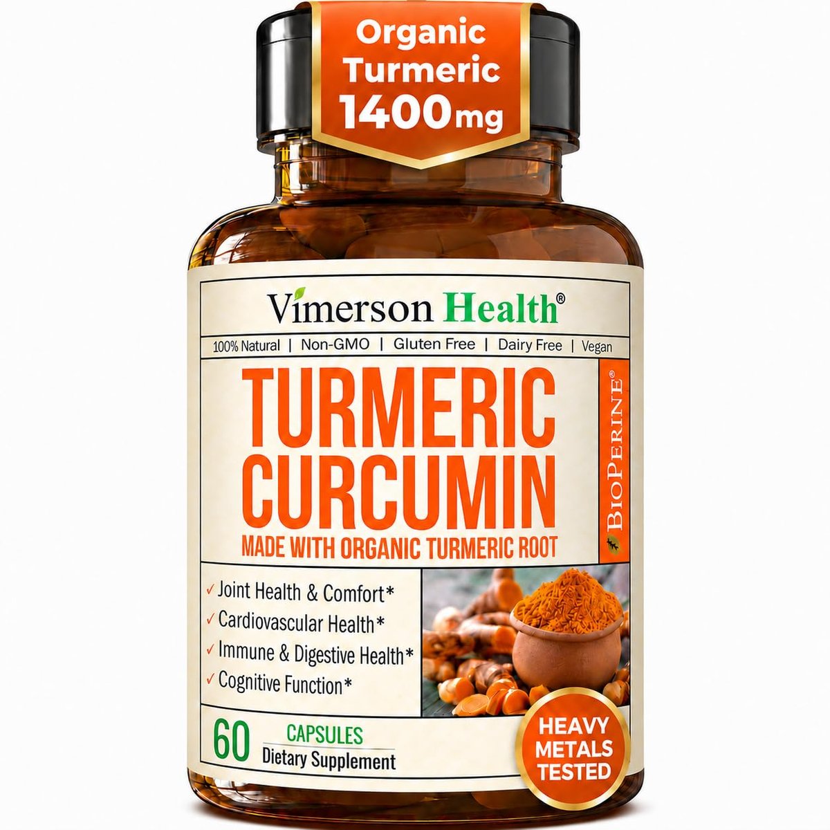Turmeric Curcumin Supplement – 1400mg Organic Turmeric Curcumin with Black Pepper Extract for Max Absorption – Digestive & Joint Supplements for Men & Women w. Tumeric Extract & Bioperine – 60 Caps - görsel 7