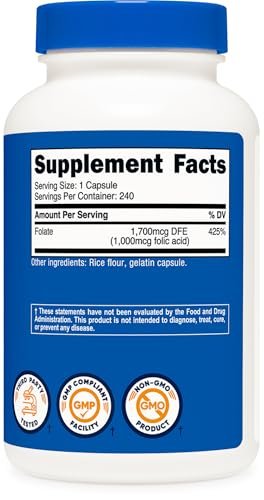 Nutricost Folic Acid (Vitamin B9) 1000 mcg, – Servings Per Container: 120 (per bottle) – Image 7