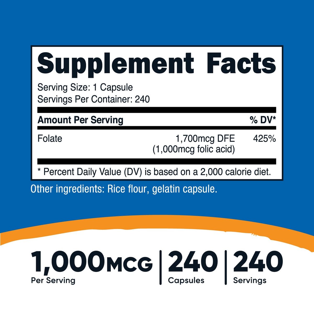 Nutricost Folic Acid (Vitamin B9) 1000 mcg, 240 Capsules - görsel 3