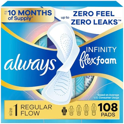 Always Infinity Feminine Pads for Women, Flexfoam Pads with Wings, Size 1, Regular Absorbency, Unscented, 108 Count (3 Packs of 36)