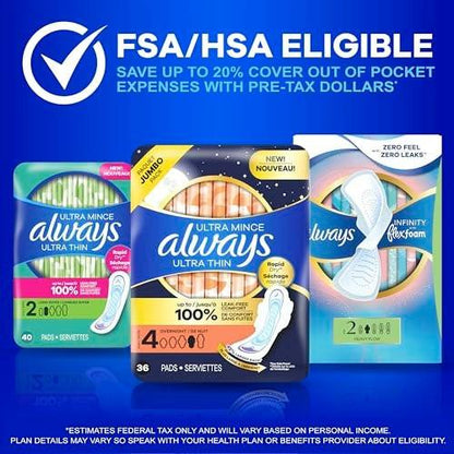 Always Ultra Thin Feminine Pads Without – Count: 44 pads per pack, 3 packs total (132 pads) – Image 11