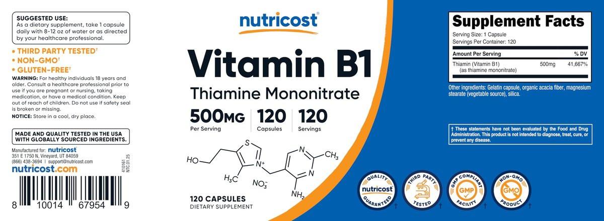 Nutricost Vitamin B1 (Thiamine) 500mg, 120 Capsules - görsel 8