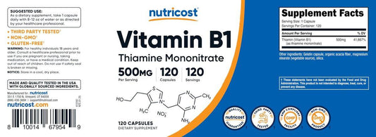 Nutricost Vitamin B1 (Thiamine) 500mg, 120 Capsules