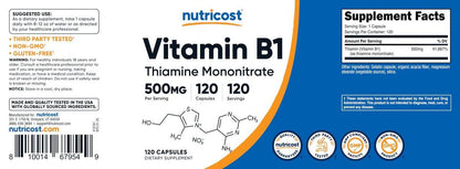 Nutricost Vitamin B1 (Thiamine) 500mg, 120 Capsules