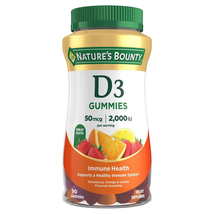 Nature's Bounty Vitamin D3 Gummies, Vitamin Supplement, Supports Immune Health, 50mcg, 2000IU, Mixed Fruit Flavor, 90 Gummies