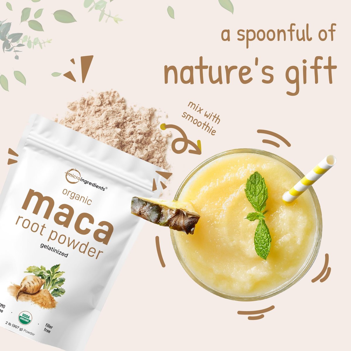 Micro Ingredients Organic Maca Root Powder, 2 Pound, Gelatinized for Better Absorption, Rich in Antioxidants, No GMOs, Vegan Friendly and Peru Origin - görsel 5