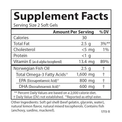 Carlson Elite Omega-3 Gems 1600 mg Omega 3 Fatty Acids Including EPA and DHA, Norwegian, Wild-Caught Fish Oil Supplement, Sustainably Sourced Fish Oil Capsules, Lemon - 60 Softgels