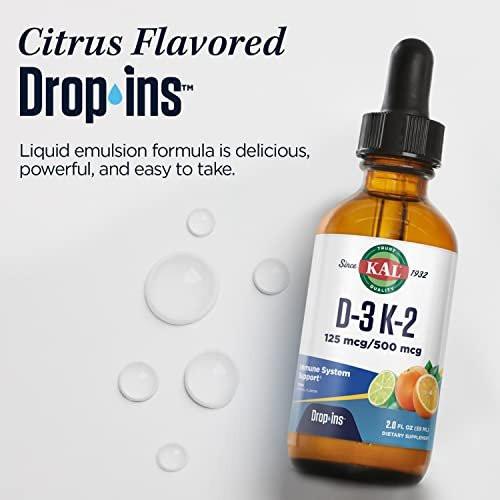 KAL D3 K2 DropIns 125 mcg / 500 mcg Liquid Vitamin D3 K2 Drops, Bone Health, Heart Health and Immune Support Supplement, Natural Citrus Flavor, 60-Day Money Back Guarantee, Approx. 59 Serv, 2 FL OZ - görsel 9