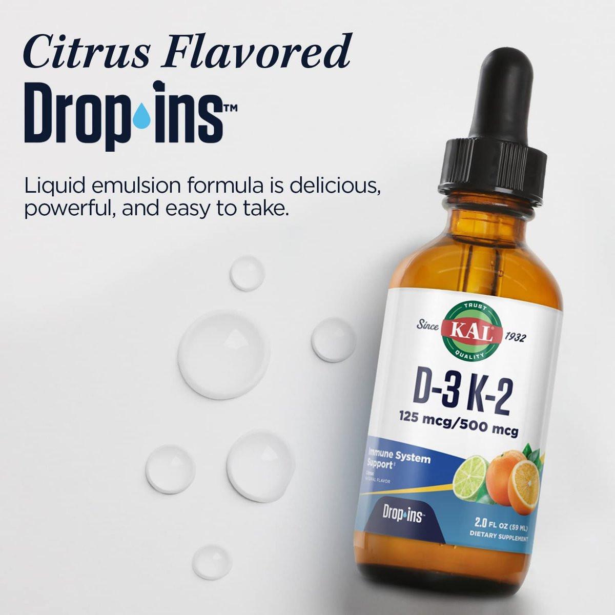 KAL D3 K2 DropIns 125 mcg / 500 mcg Liquid Vitamin D3 K2 Drops, Bone Health, Heart Health and Immune Support Supplement, Natural Citrus Flavor, 60-Day Money Back Guarantee, Approx. 59 Serv, 2 FL OZ - görsel 10
