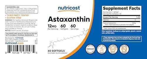 Nutricost Astaxanthin 12mg, 60 Softgels - Non-GMO and Gluten Free (2 Month Supply) - görsel 1