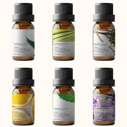 Essential Oils Set by Pure Aroma - Top 6 Aromatherapy Oils Gift Set-6 Pack, 10ml (Eucalyptus, Lavender, Lemongrass, Sweet Orange, Peppermint, Tea Tree)