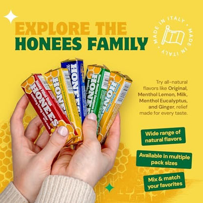 Honees Filled Menthol Cough Drops, Honey, Menthol & Eucalyptus Cough Drops - Natural Sore Throat Relief - Nothing Artificial - Throat Lozenges, Non-GMO (6 Pack – 54 Drops)