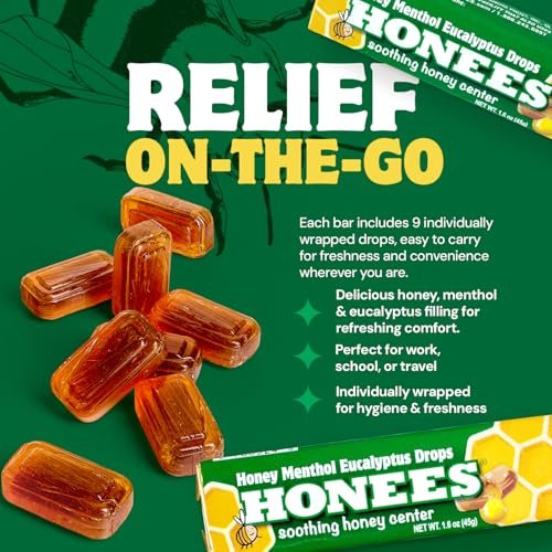 Honees Filled Menthol Cough Drops, Honey, Menthol & Eucalyptus Cough Drops - Natural Sore Throat Relief - Nothing Artificial - Throat Lozenges, Non-GMO (6 Pack – 54 Drops) - görsel 6