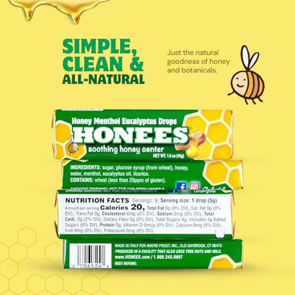 Honees Filled Menthol Cough Drops, Honey, Menthol & Eucalyptus Cough Drops - Natural Sore Throat Relief - Nothing Artificial - Throat Lozenges, Non-GMO (6 Pack – 54 Drops)