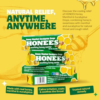 Honees Filled Menthol Cough Drops, Honey, Menthol & Eucalyptus Cough Drops - Natural Sore Throat Relief - Nothing Artificial - Throat Lozenges, Non-GMO (6 Pack – 54 Drops)