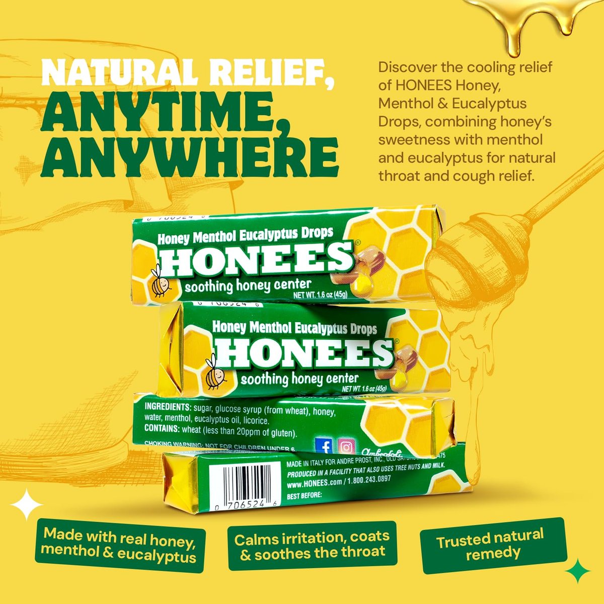 Honees Filled Menthol Cough Drops, Honey, Menthol & Eucalyptus Cough Drops - Natural Sore Throat Relief - Nothing Artificial - Throat Lozenges, Non-GMO (6 Pack – 54 Drops) - görsel 3