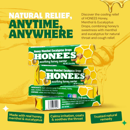 Honees Filled Menthol Cough Drops, Honey, Menthol & Eucalyptus Cough Drops - Natural Sore Throat Relief - Nothing Artificial - Throat Lozenges, Non-GMO (6 Pack – 54 Drops)