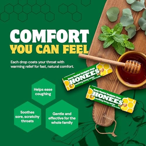 Honees Filled Menthol Cough Drops, Honey, Menthol & Eucalyptus Cough Drops - Natural Sore Throat Relief - Nothing Artificial - Throat Lozenges, Non-GMO (6 Pack – 54 Drops) - görsel 12